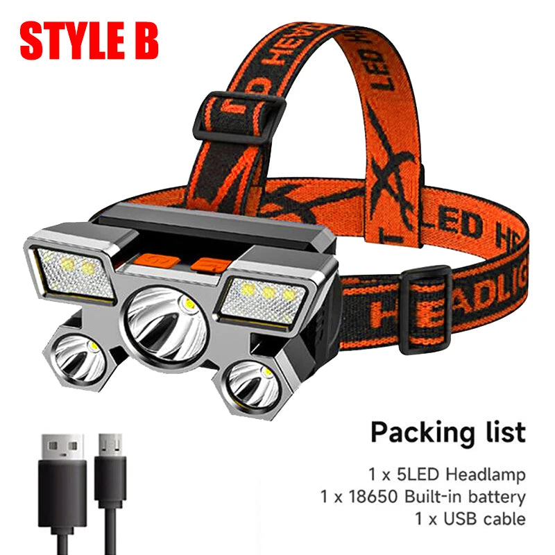 5 LED Rechargeable Headlamp – 18650 Battery & 4 Modes