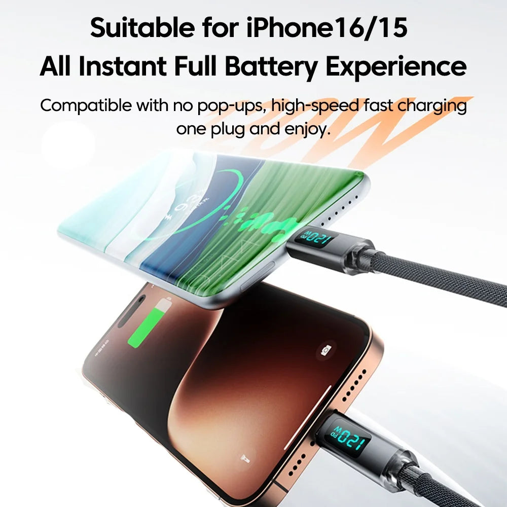120W Retractable USB-C Cable – Fast Charging & Digital Display USB-C Charging Cable Zpaxo