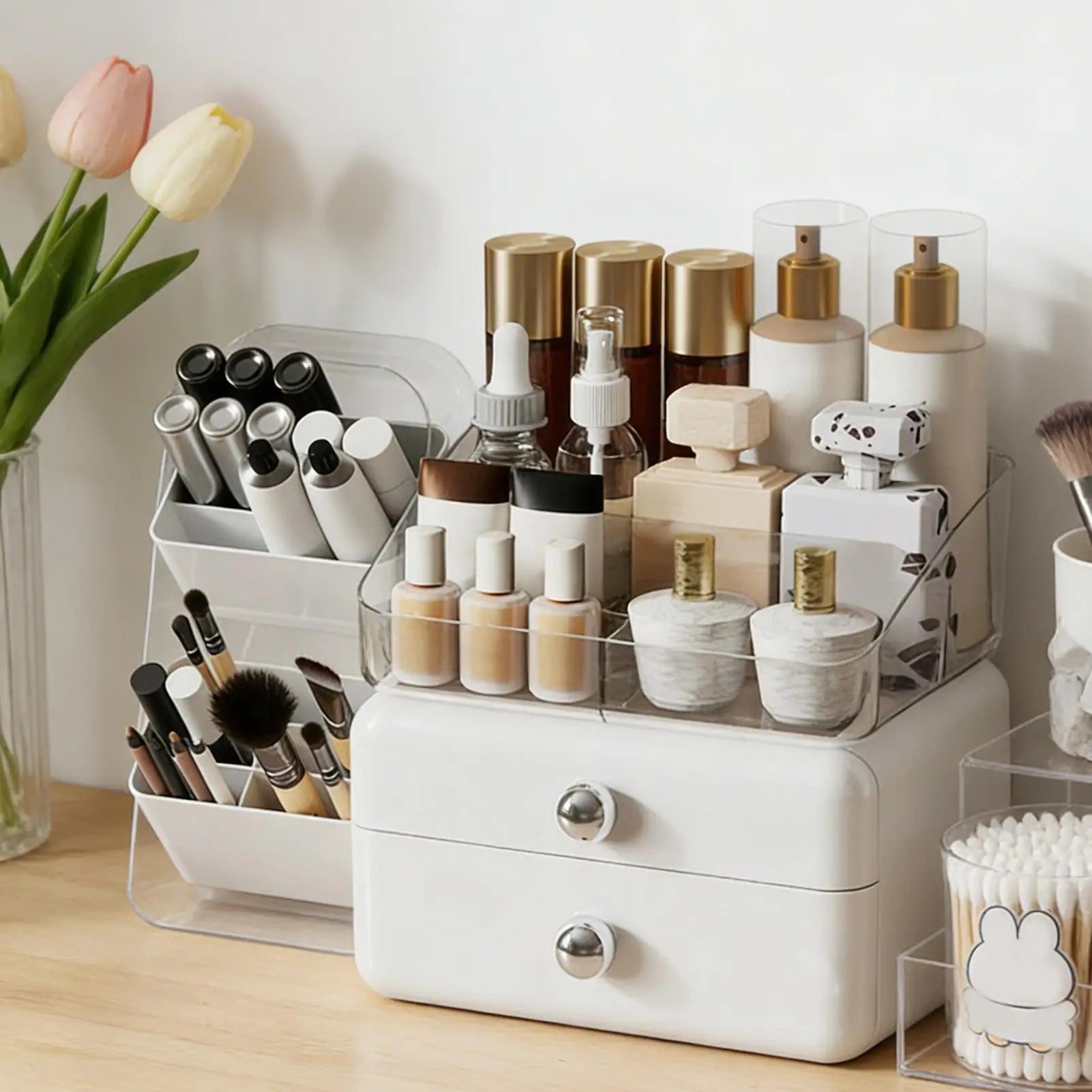 Makeup Organizer Large Storage Box with Drawers Skincare Organizers with Brush Holder for Home Kitchen Bathroom Sink Counter Zpaxo