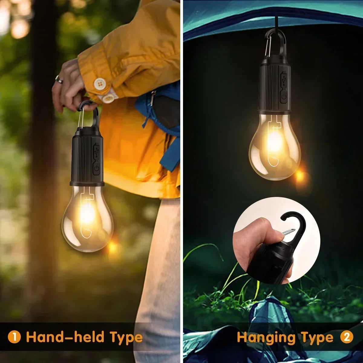 LED Camping Tent Light – USB-C Rechargeable, Waterproof, 3 Modes