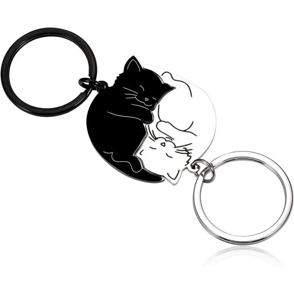 Hug Cat Couple Keychain Hanging Jewelry Bag Pendant Matching Cat Key Ring Stainless Steel Patchwork Lovers Keyring Zpaxo 1 Pair
