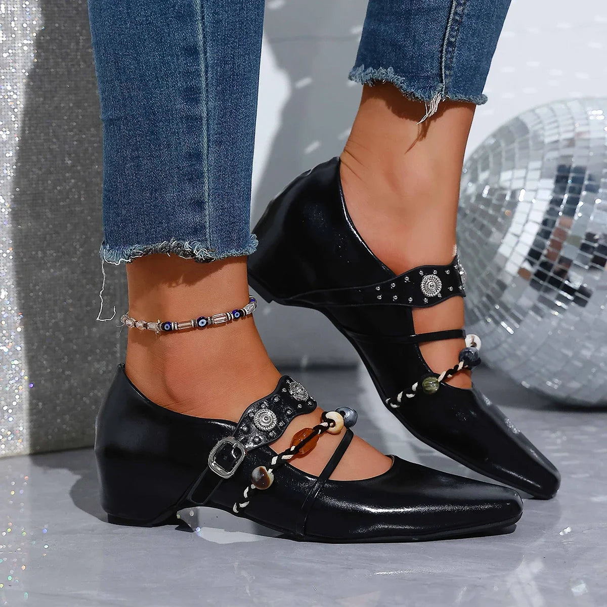 Women Low Heel Pumps 2025 New British Style Shoes Pointed Toe Mary Jane Shoes Women Buckle Leather High Heels Zapatos De Mujer Zpaxo