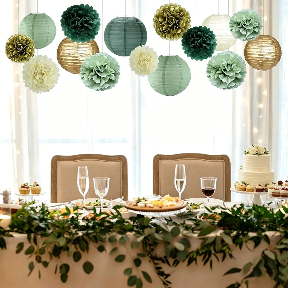 Sage Green Party Decorations Paper Lanterns Pom Poms Tissue Flower