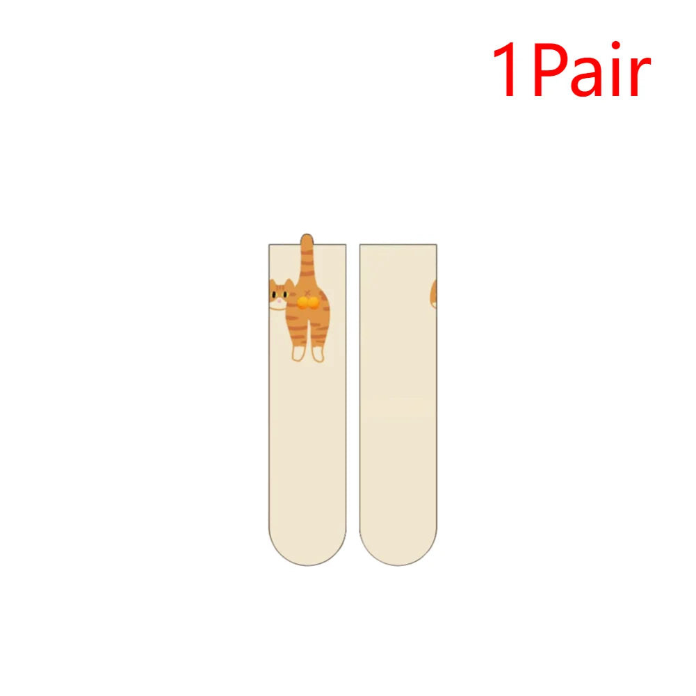 1-2Pairs Funny Cotton Socks with Fuzzy Balls Cartoon Animal Socks Breathable Cat Middle Tube Socks Novelty Gifts for Cat Lovers Zpaxo A-1Pairs One Size