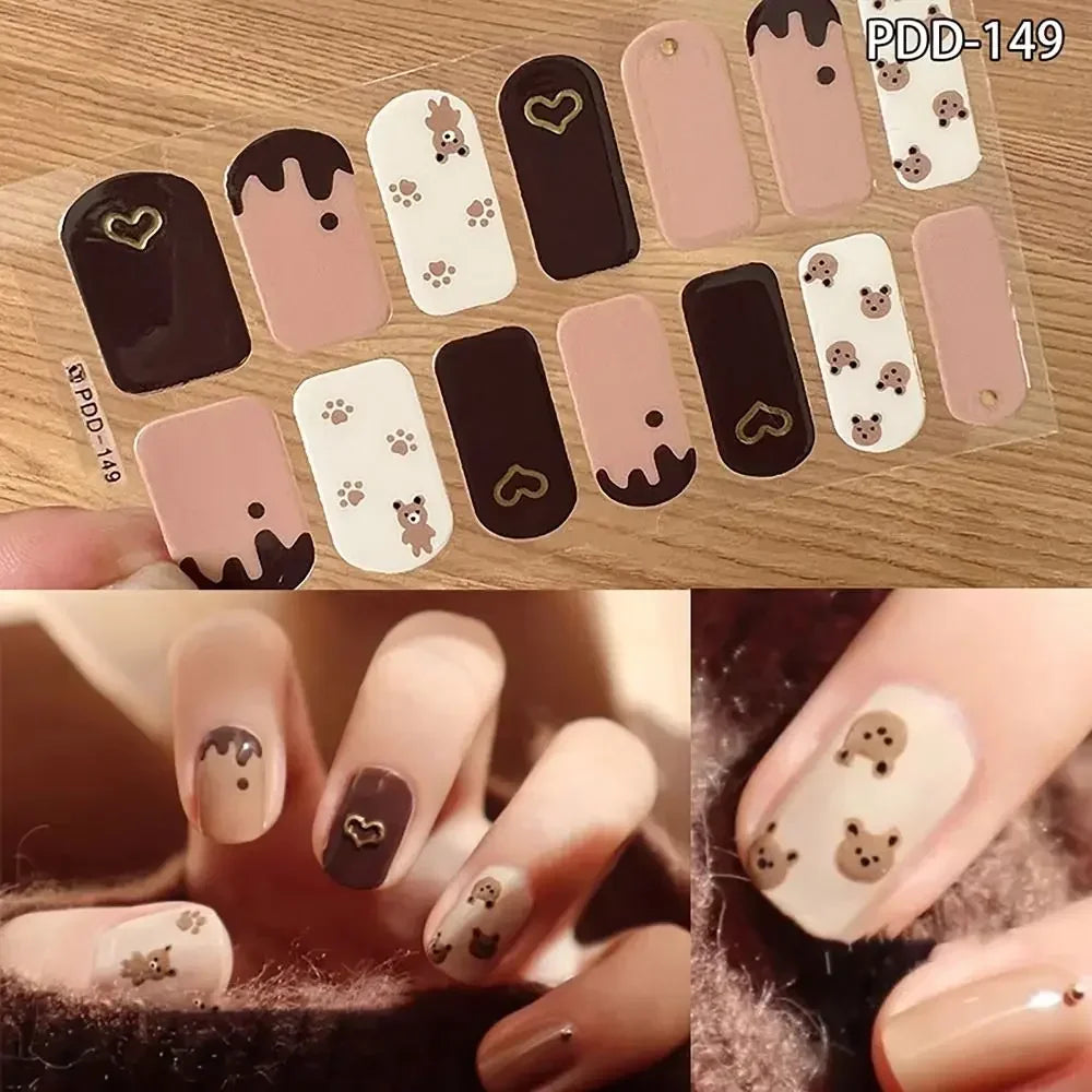 14Strips Gel Nail Stickers Full Cover Floristic Art Semi Cured Polish