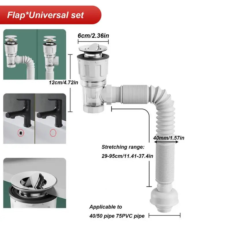 Flip Top Anti-Odor Drain Pipe Set Kitchen Sink Drain Retractable Deodorizing Filter Flexible Downspout Bathroom Anti Clogging Zpaxo