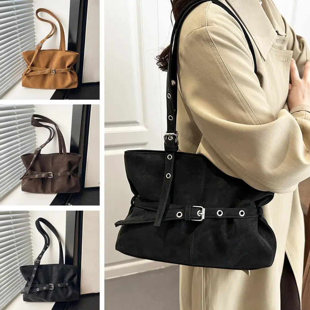 Vintage Suede Tote Bag with Belt Buckle | Women's Shoulder Bag Suede Tote Bag Zpaxo