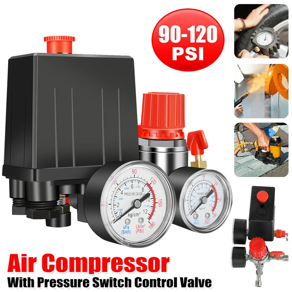 Air Compressor Pressure Switch 90-120PSI Safety Valve Control Manifold Regulator Gauges Safety Valve 1/4"BSP Pneumatic Tool Part Zpaxo