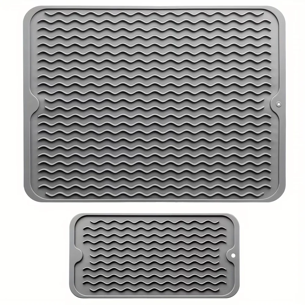 Silicone Dish Drying Mat 2 Packs Non-slip Easy Clean Heat-resistant Zpaxo Derk Gray 40x30 and 30x15