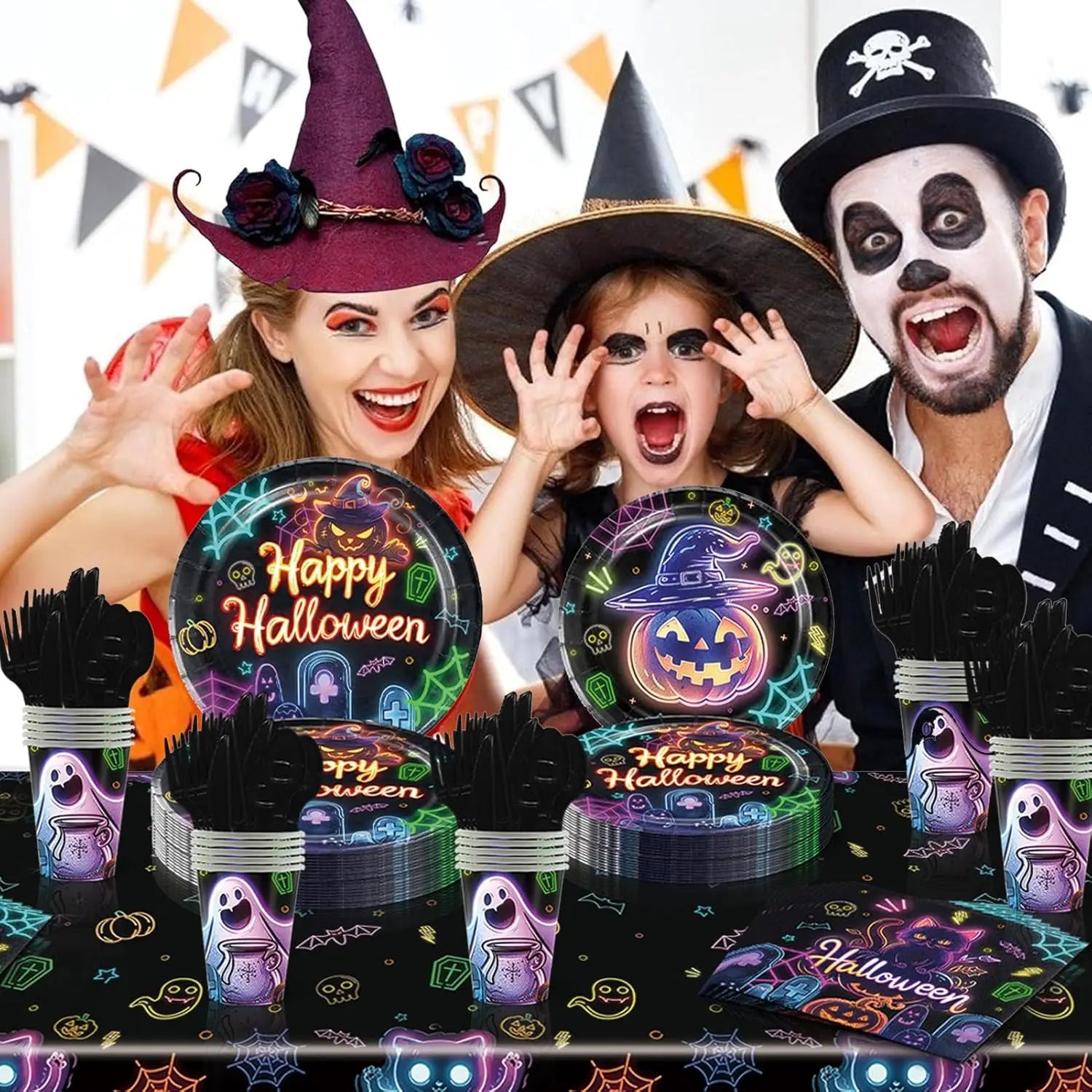 Glowing Disposable Halloween Tableware Complete Fluorescent Plates
