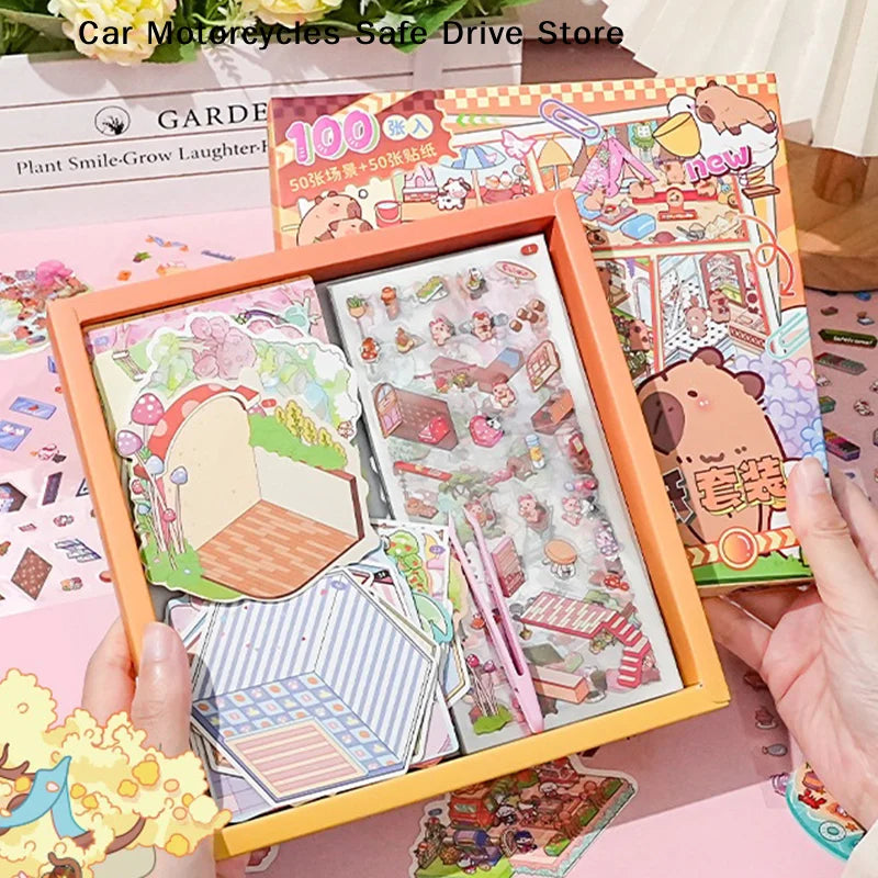 CM50Scenes Box Cartoon Capybara Miniature Scene Landscape Stickers