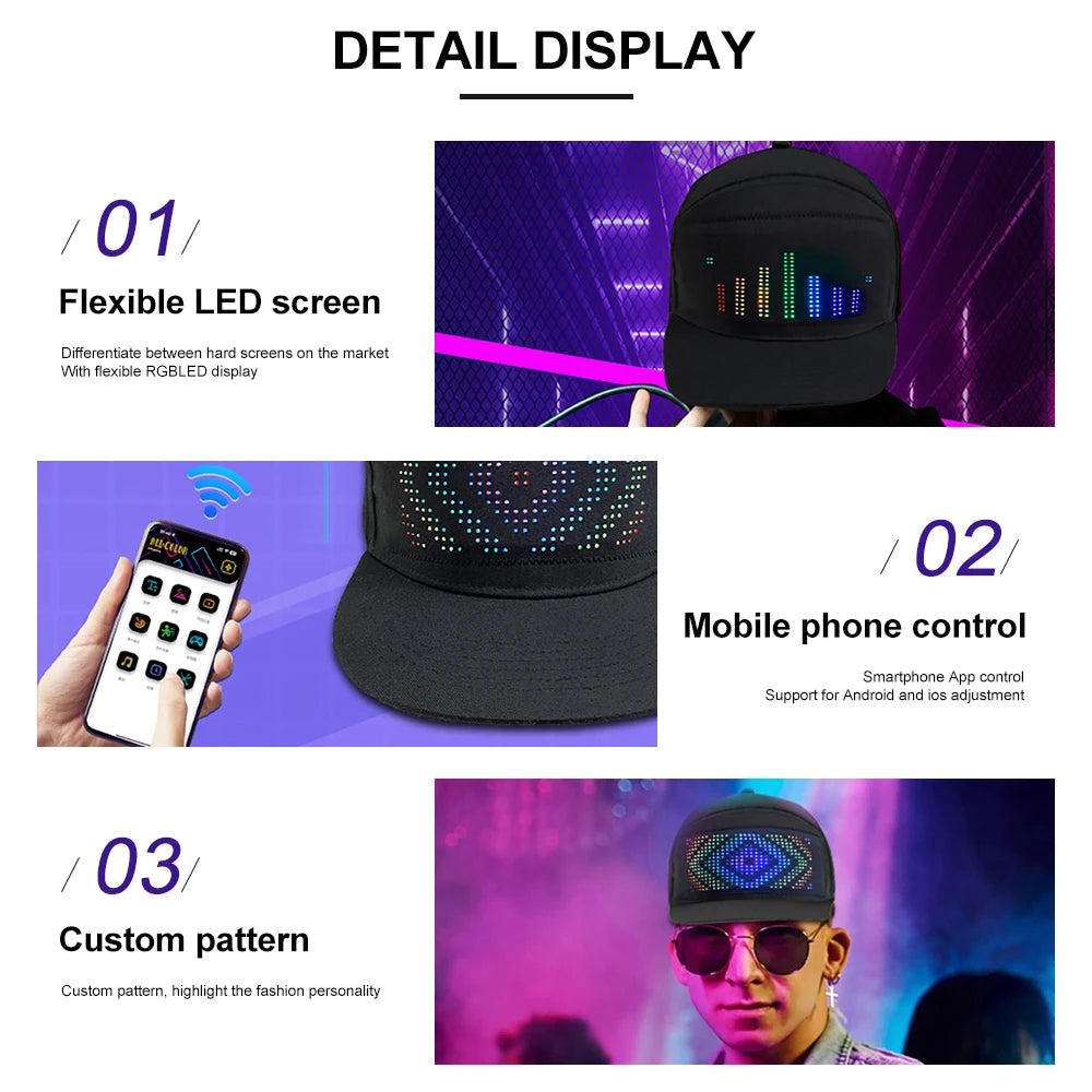 LED Hat Light Display Screen DIY Smart Pixel Matrix Baseball Hat Rechargeable Bluetooth APP Control Hip Hop Street Party Decor Zpaxo