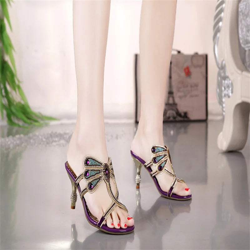 Summer Rhinestone Sandals Leather Glitter Women Open Toe Heels Party Zpaxo