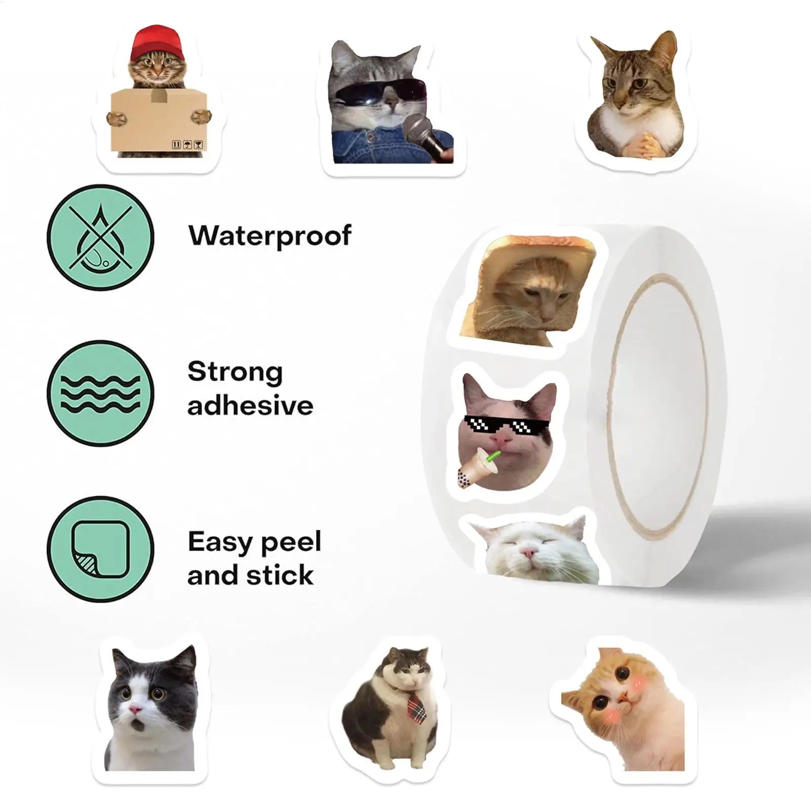 Cat Meme Stickers Cartoon Graffiti Cute Waterproof Sticker Roll