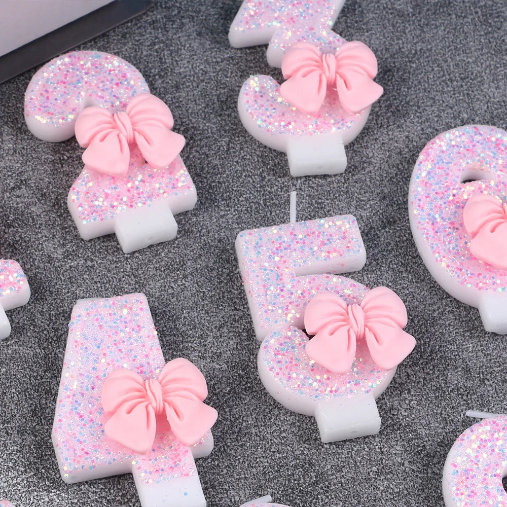 Pink Bow Number Candle Glitter Candle Cake Topper 0-9 for Birthday Anniversary Party Cake Decoration Gifts Zpaxo