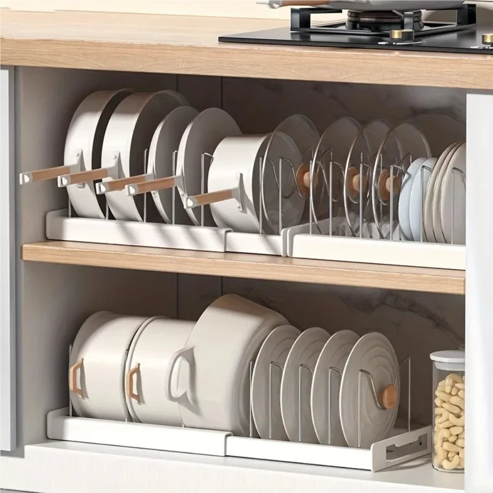 Expandable Kitchen Cabinet Pot Organizer Rack, Adjustable Divider, Multi-purpose Pots And Pans Storage Solution Zpaxo
