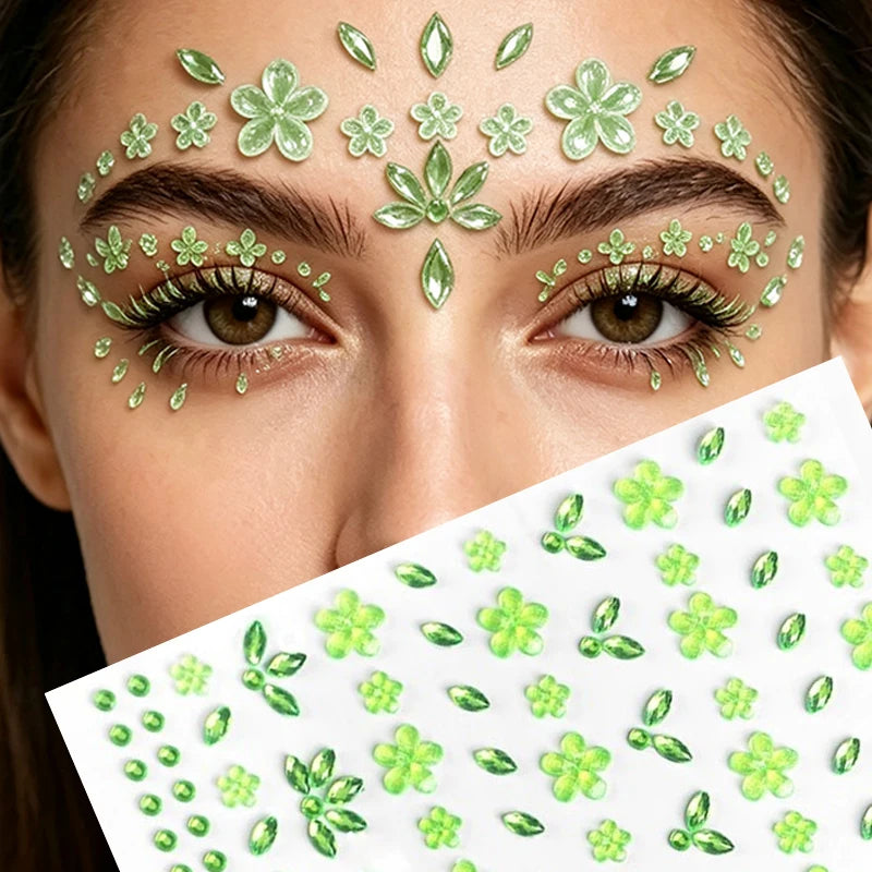 1/6 Sheet New Flower Face Sticker 3D Petal Rhinestone Eye & Face Tattoo Sticker Self Adhesive Crystal Jewel Diamond Stickers Zpaxo Green