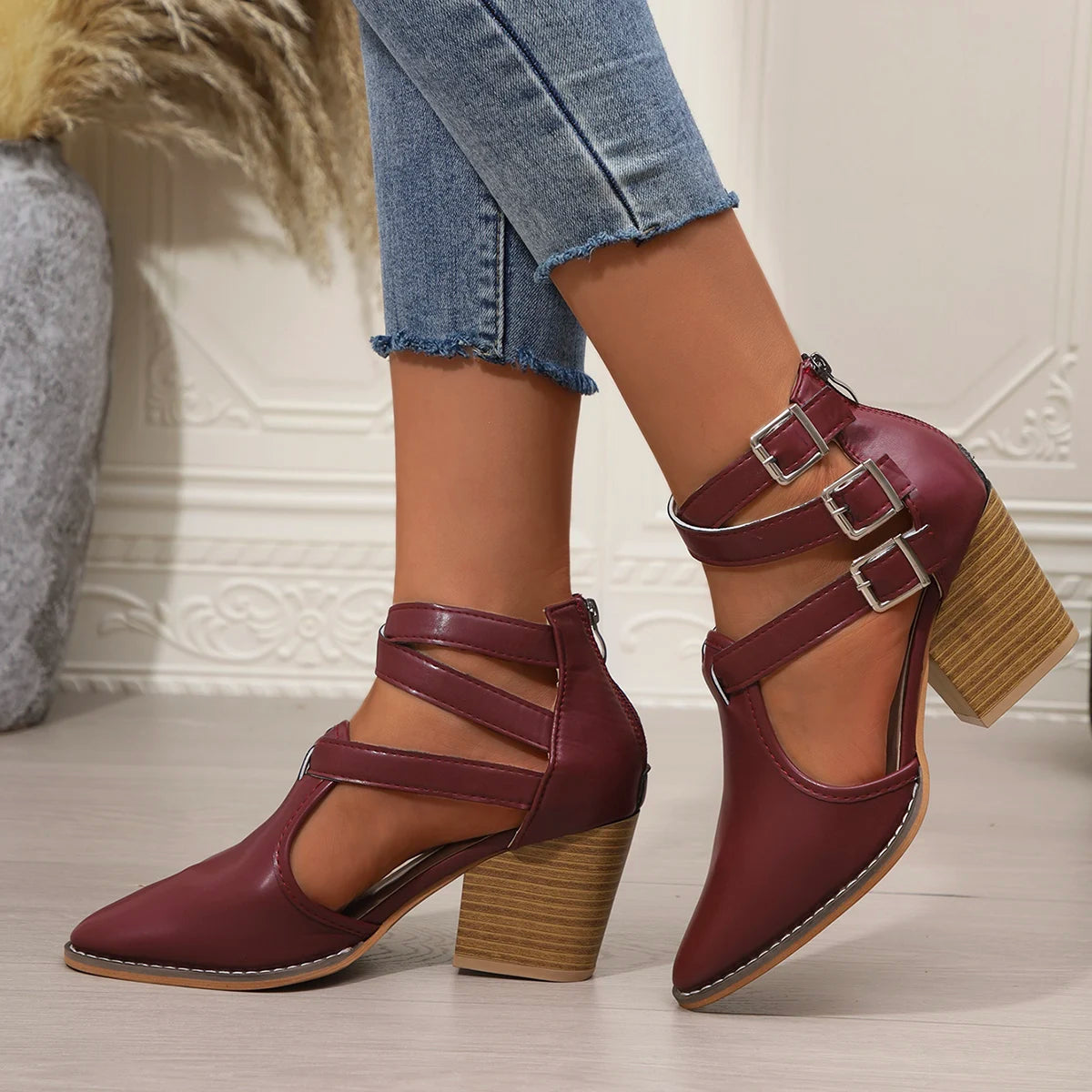 Woman Sandals 2025 Casual Chunky Heels Round Toe Burgundy Straps Zpaxo wine red 37