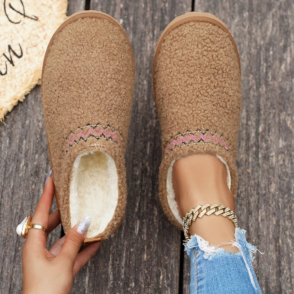 Women Ankle Boots Fashionable Shoes Women Thick Bottom Winter Slip-On Half Slippers Thickened Fluff Comfortable Boots Women Zpaxo Brown 43