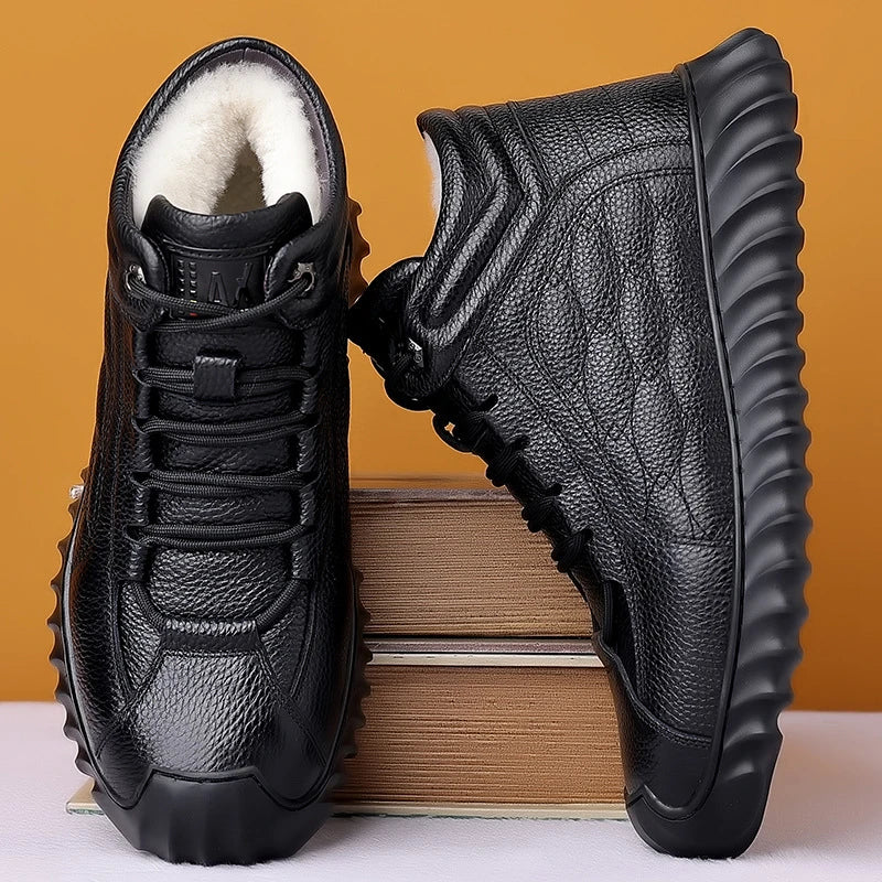 Mens Black Leather Fur Lined Sneakers Elastic Lace Warm Winter Shoes Zpaxo