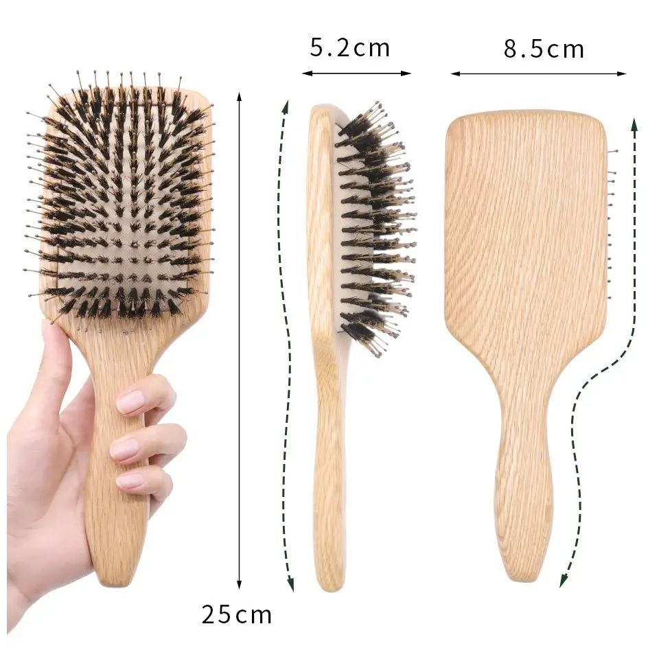 Boar Bristle HairBrush Wood Hair Brush Peine OAK Wood Combs for Women Barber Beauty Care Paddle Scalp Massage Brush Zpaxo
