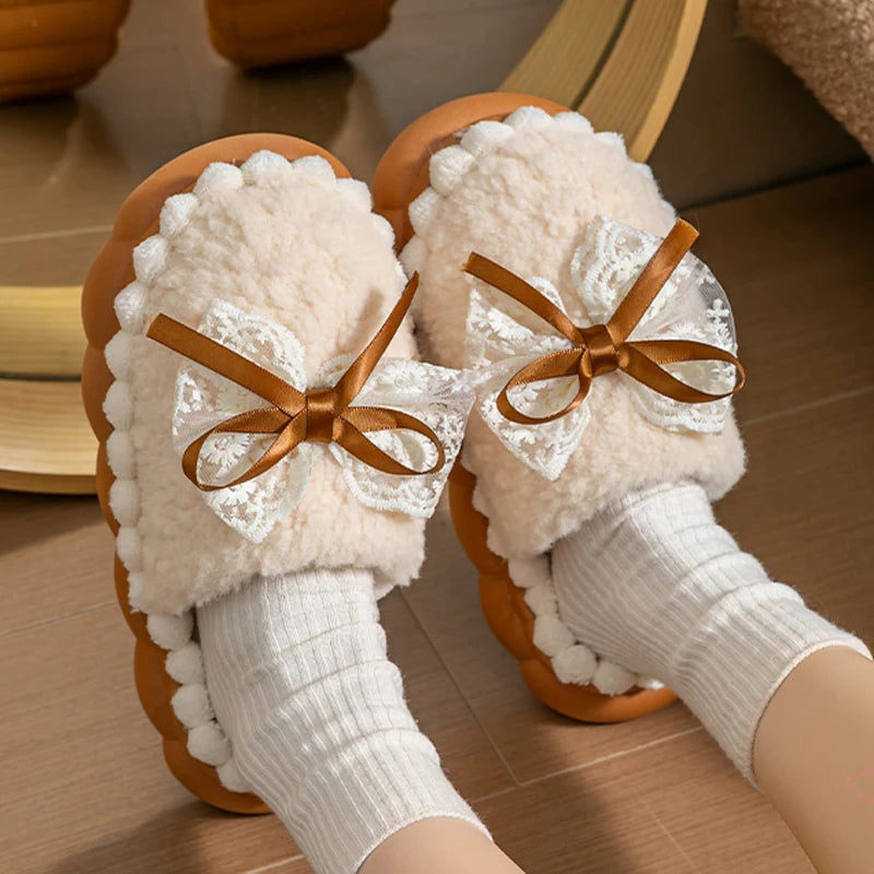 Winter Warm Fur Slippers Women Thick-soled Household Cute Bow Non