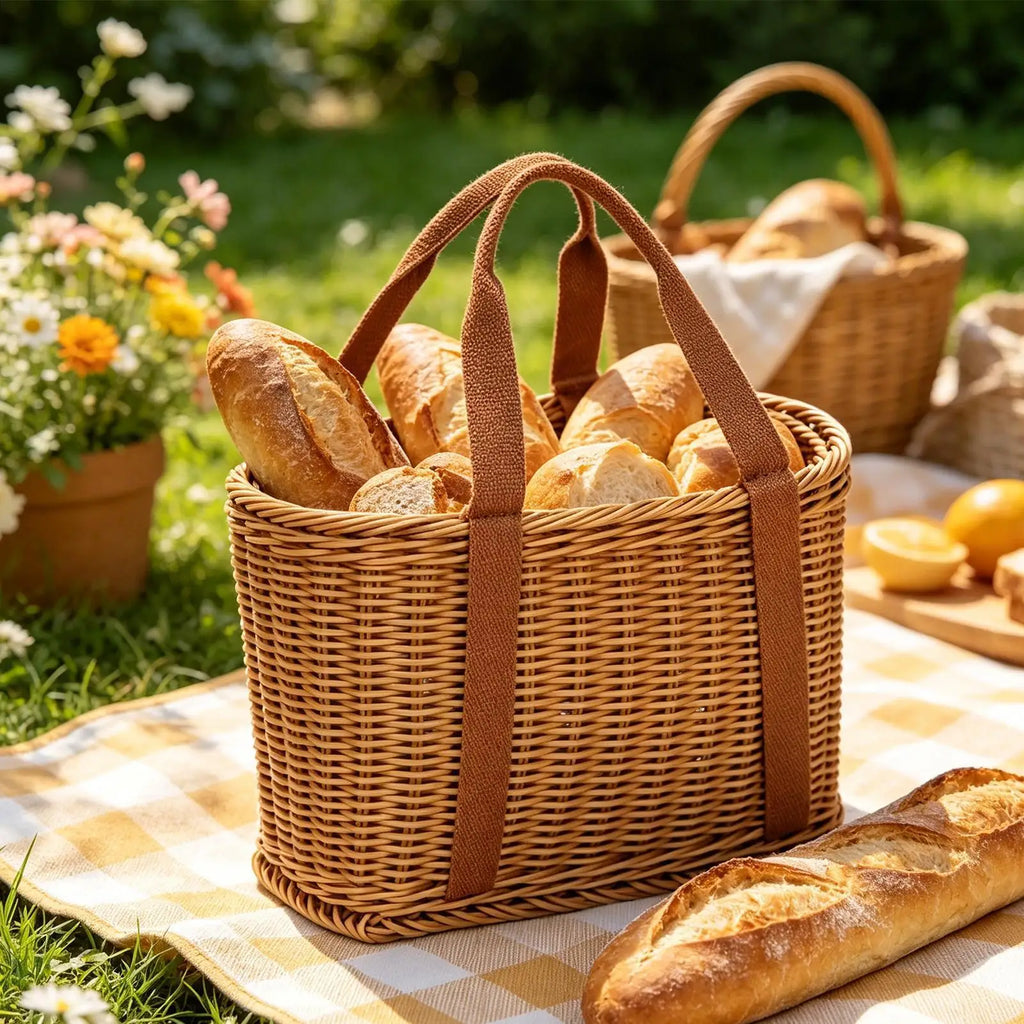 Picnic Basket Handwoven Simulated Wicker Reusable Decor Handles