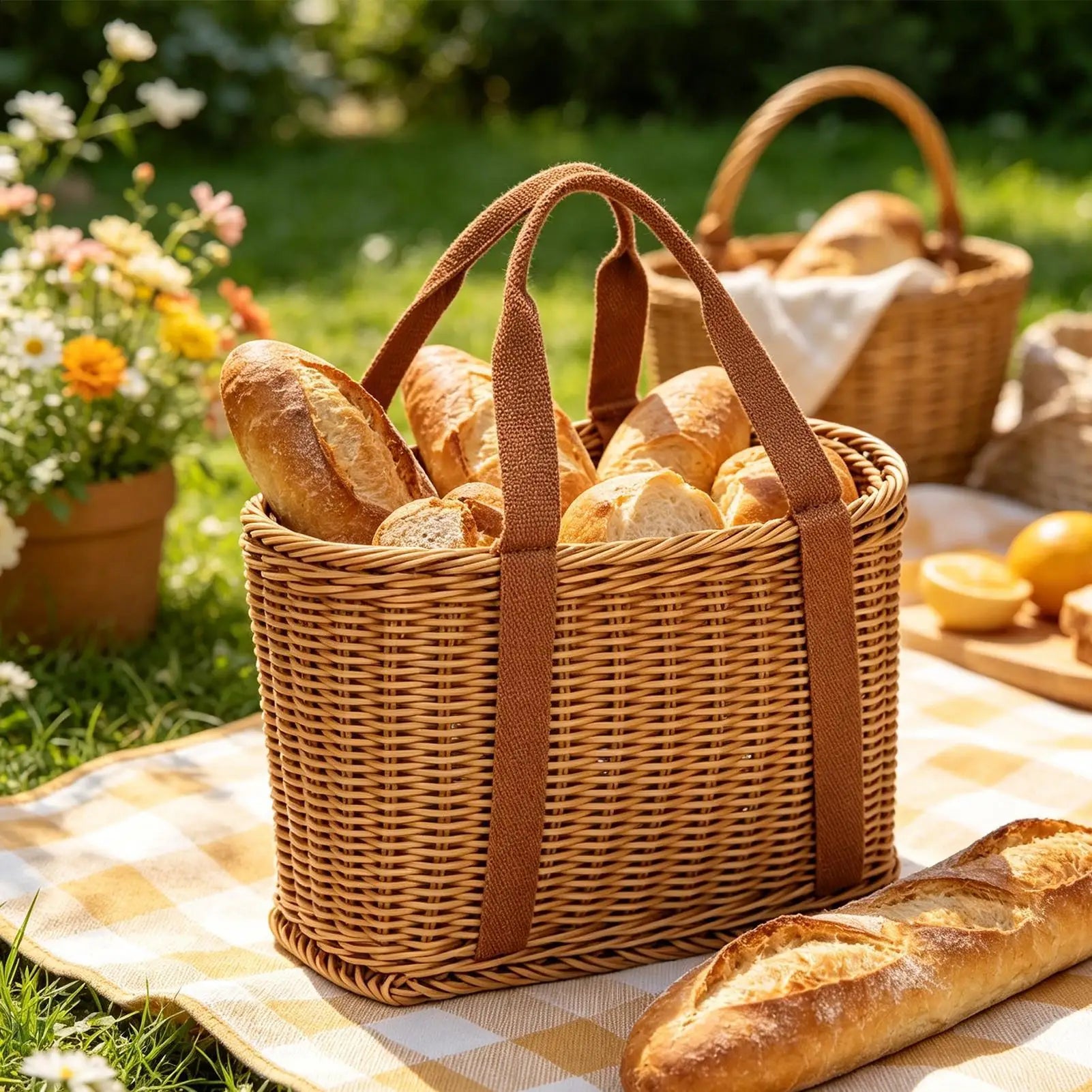 Picnic Basket Handwoven Simulated Wicker Reusable Decor Handles