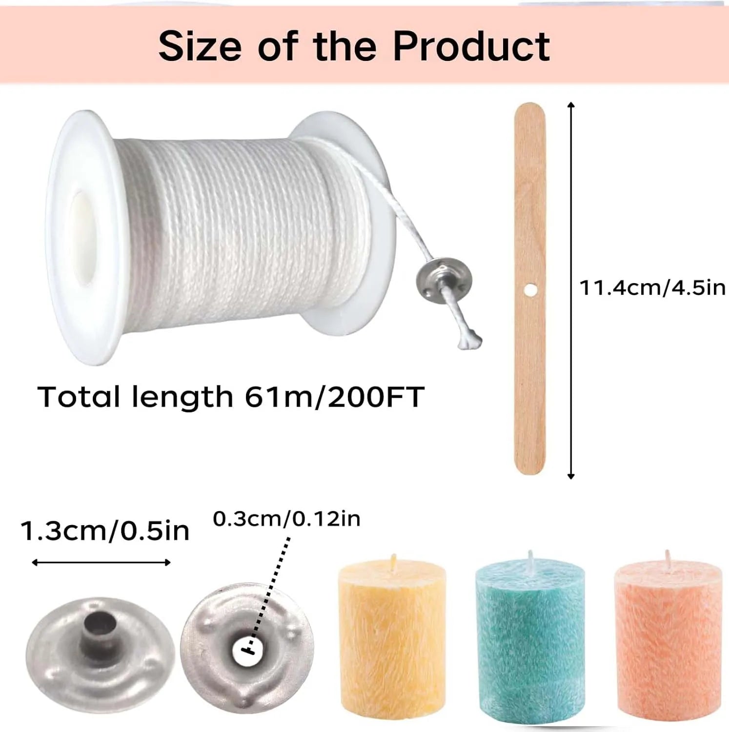 Candle Making Kit 61m Candle Wick Roll 100Pcs Metal Candle Wick Tabs, 60Pcs Candle Wick Stickers 5Pcs Wooden Candle Wick Zpaxo