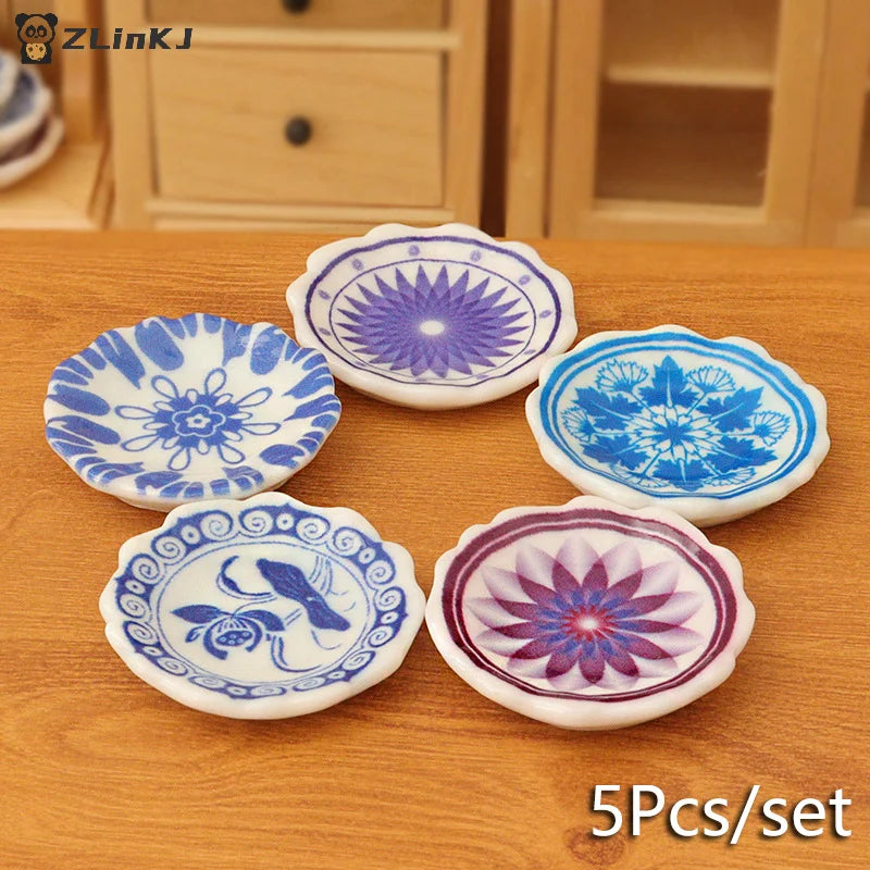 ▶5Pcs 1:12 Dollhouse Miniature Dining Plates Doll Home Simulation Kitchen Tableware Accessories Dolls House Scene Decor Toy Zpaxo