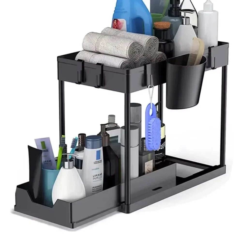 2 Tier Under Sink Sliding Cabinet Basket Organizer Storage Rack with Hooks Hanging Cup Bathroom Multifunctional Storage Rack Zpaxo As shown