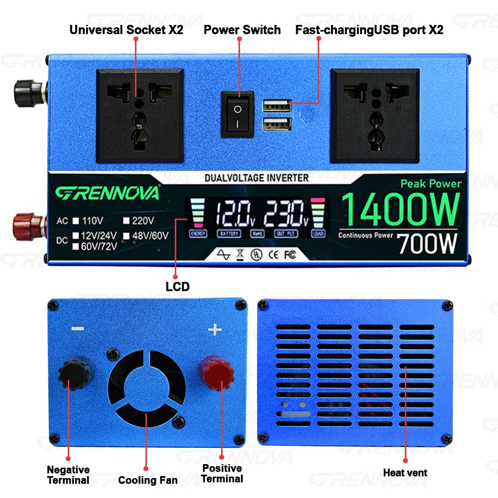 Grennova 1400W Dual Voltage Inverter 12V/24V/48V/60V/72V to 110V/220V AC Converter w/ LCD Display for Car RV Battery Home Backup Zpaxo