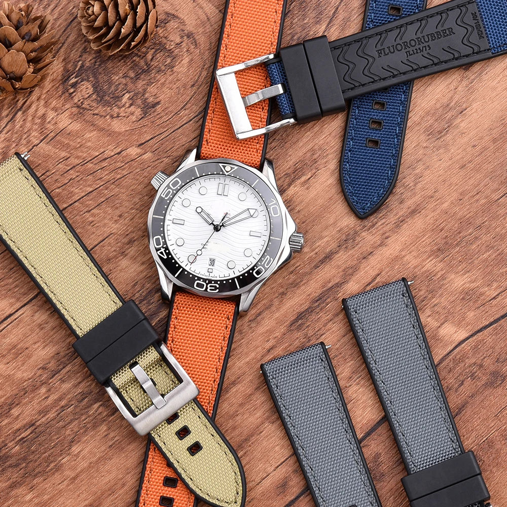 High Quality FKM Canvas Watch Strap 20mm 22mm Hybrid Fluoro Rubber Nylon Watchbands Quick Release For Each Brand Diving Watches Zpaxo