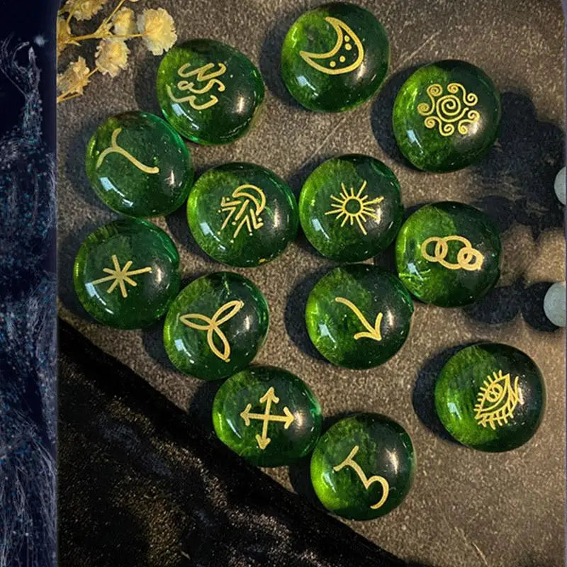 Green Rune Stones Beginners Glass Runes Book Witches Velvet