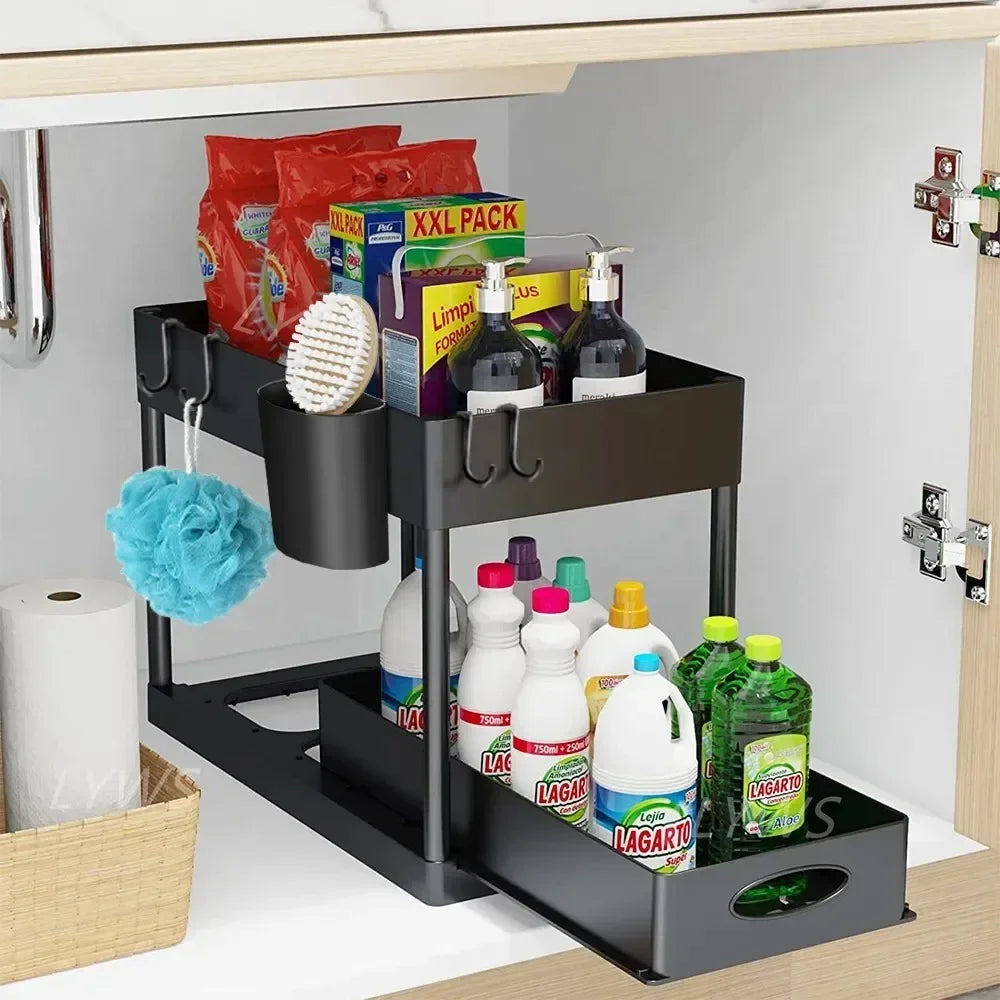 2 Tier Under Sink Sliding Cabinet Basket Organizer Storage Rack with Hooks Hanging Cup Bathroom Multifunctional Storage Rack Zpaxo