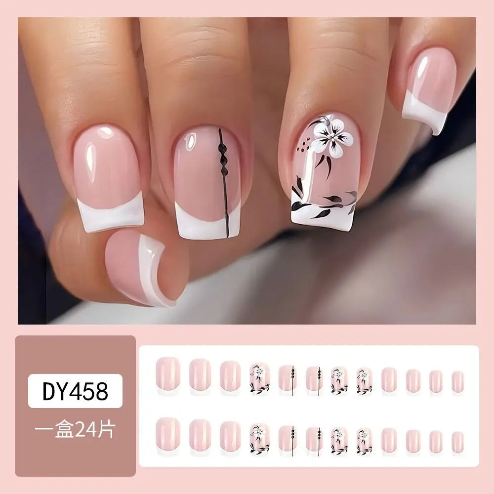 24pcs Short Square False Nails French Shining Crystal Glitter Ink Wavy Full Cover Detachable Nail Tips Zpaxo