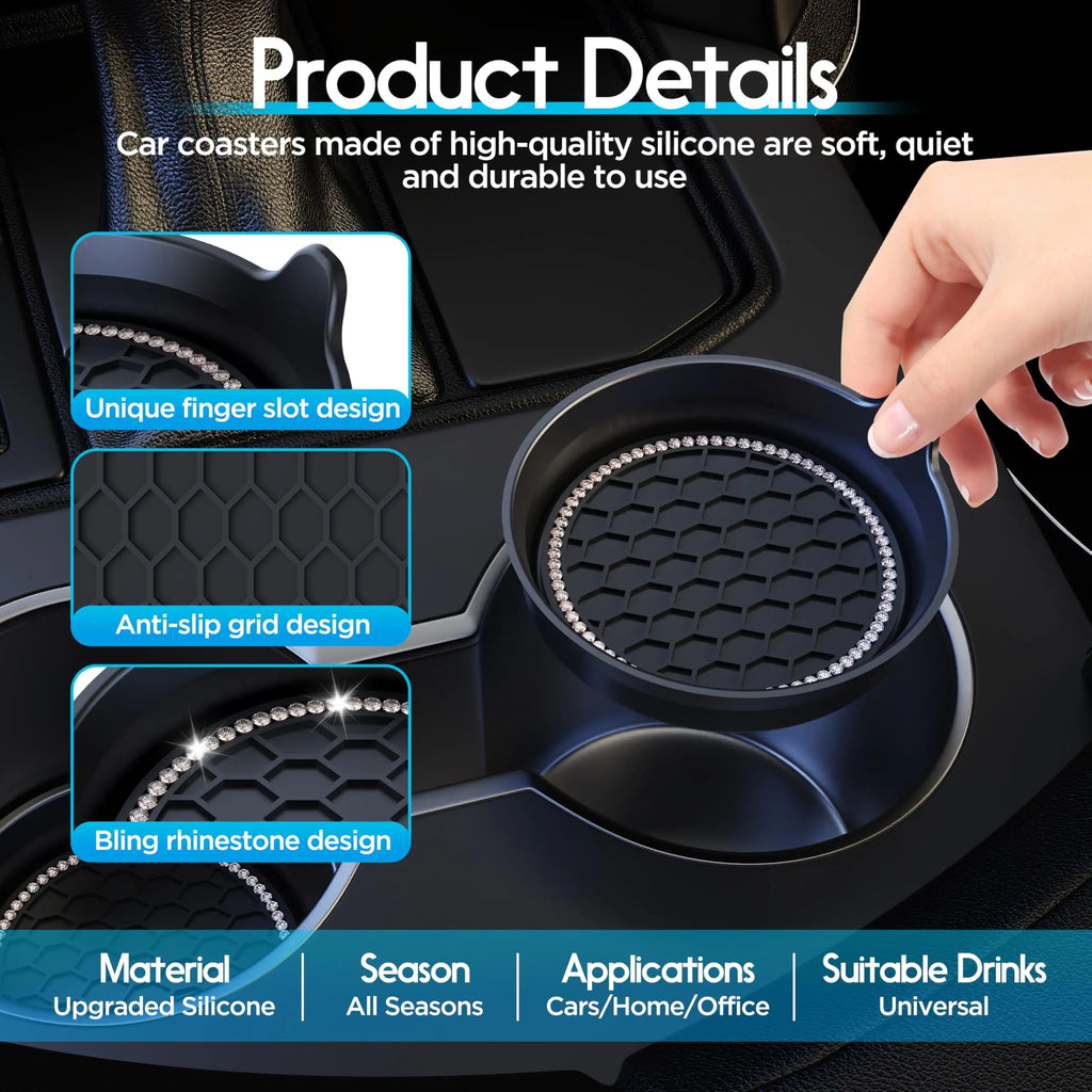 Rhinestone Car Cup Holder Coasters – Non-Slip Silicone Pads Car Cup Coaster Zpaxo