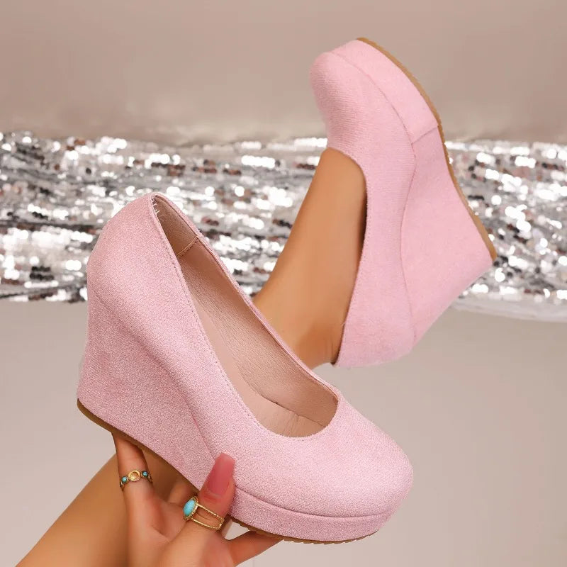 Spring Autumn Women's Round Toe Wedge Heel Fashion Thick Sole Low-cut Zpaxo Pink 43