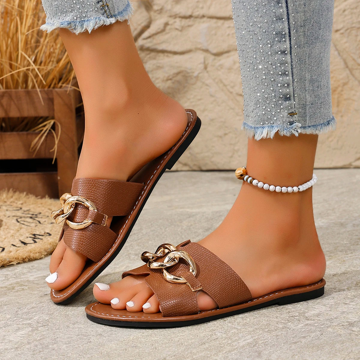 Women Slippers Leisure Square Head Designer Fashion Metal Buckle Flat Zpaxo Brown 36