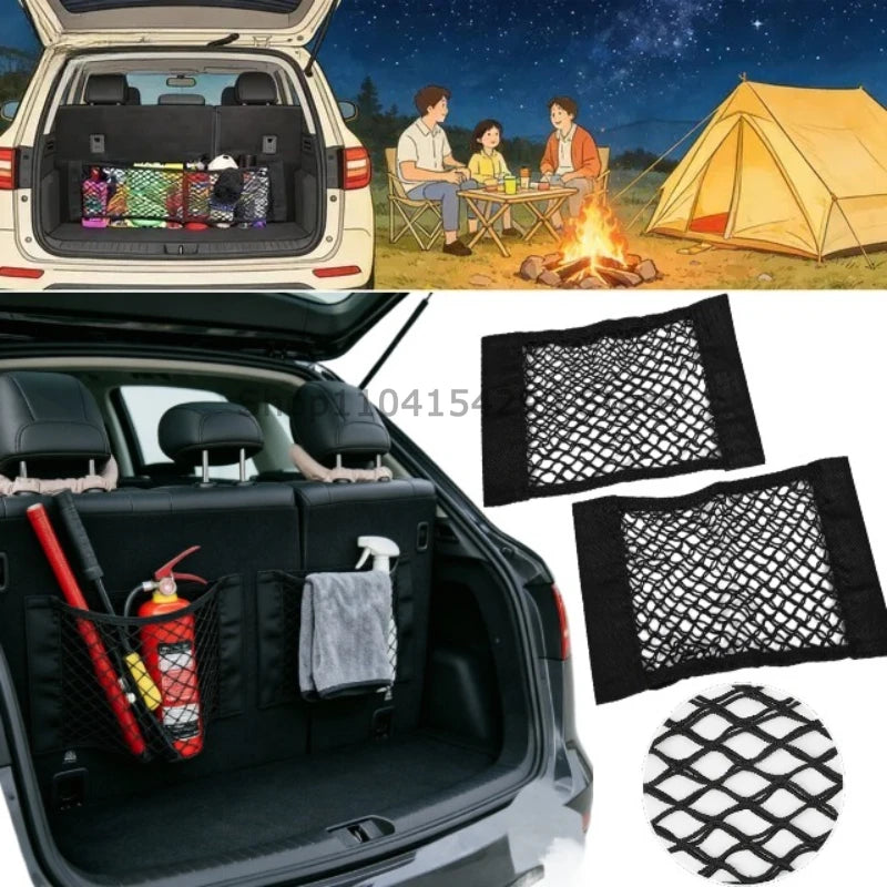 Car Back Rear Trunk Organizer Net Mesh Seat Elastic String Magic Sticker Universal Storage Bag Pocket Auto Put Paper Stowing Zpaxo