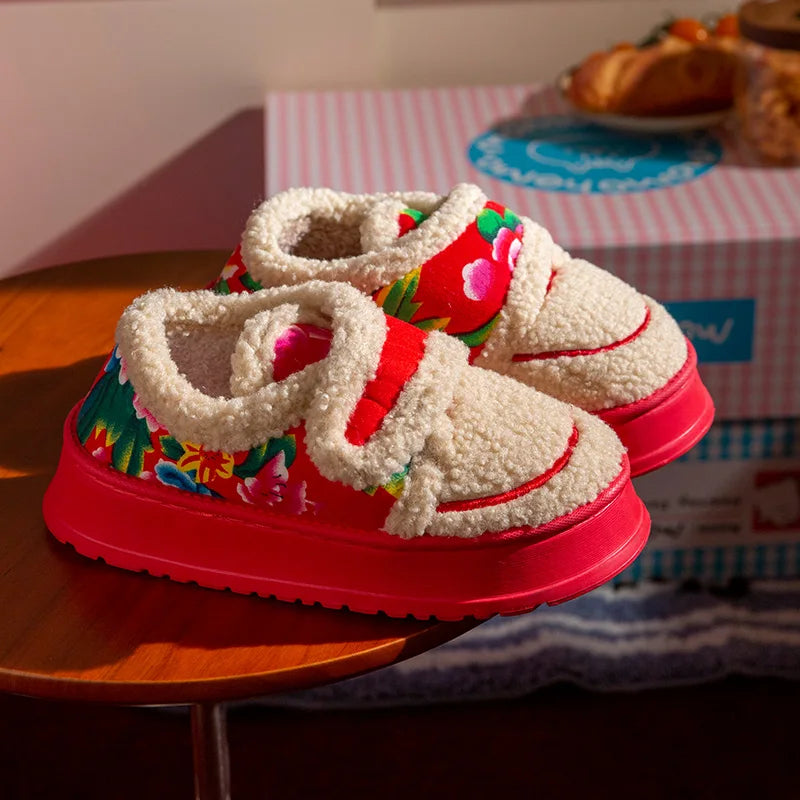 SHAJI Womens Winter Flower Plush Fluffy Fuzzy Cotton Slippers Warm