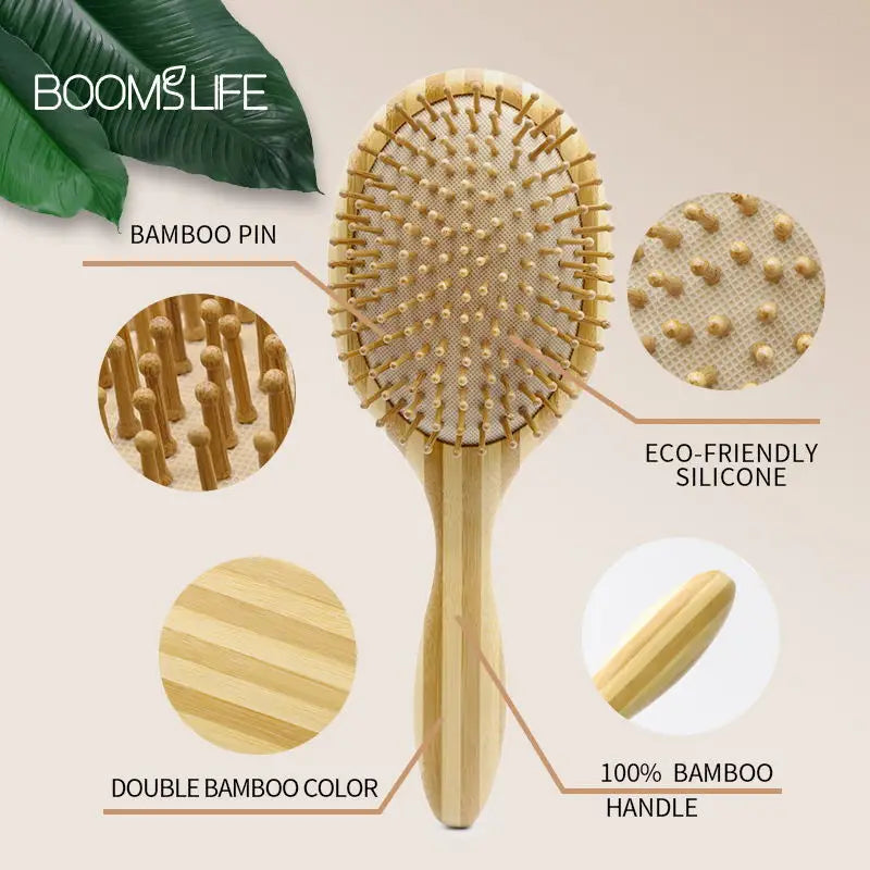 BOOMSLIF Custom Name Bamboo Hair Brush Women Wood Comb Wide Teeth Airbag Massage Scalp Brush Anti-static Hair Comb for Hair Loss Zpaxo