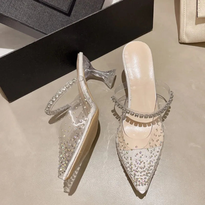 2025 Spring Women Slipper Pointed Toe Slip Ladies Mules Thin Low Heel Zpaxo white 35