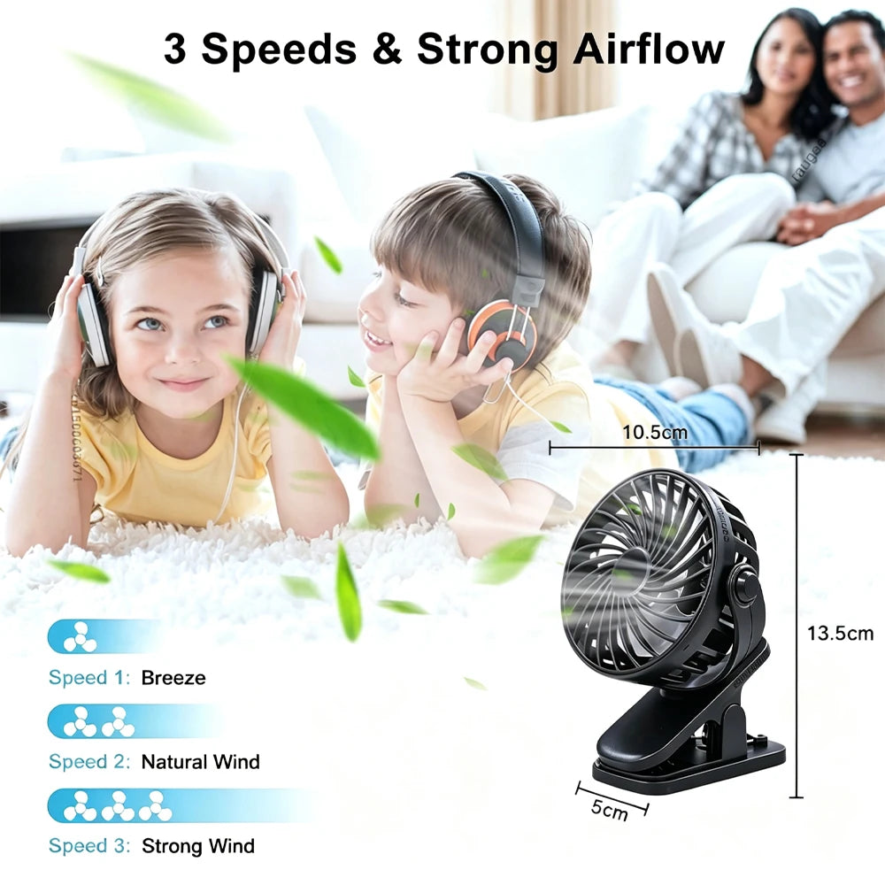 Mini Portable Stroller Fan Small Clip Rechargeable 360 Hanging Home