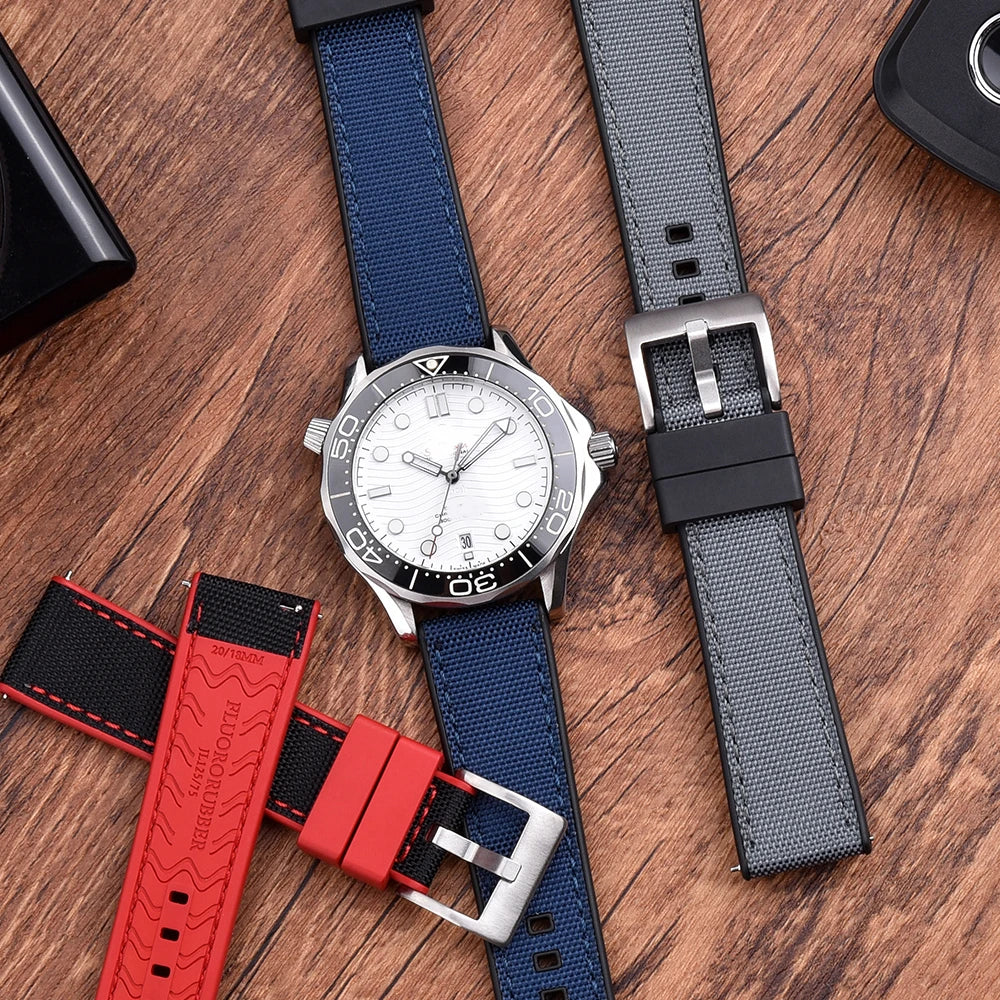 High Quality FKM Canvas Watch Strap 20mm 22mm Hybrid Fluoro Rubber Nylon Watchbands Quick Release For Each Brand Diving Watches Zpaxo