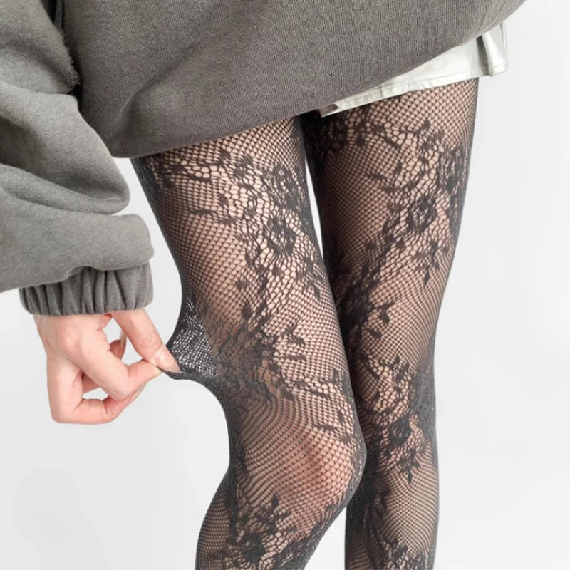 Tights Women Hollow Out Sexy Lace Floral Thigh Stockings Pantyhose Zpaxo gray One Size