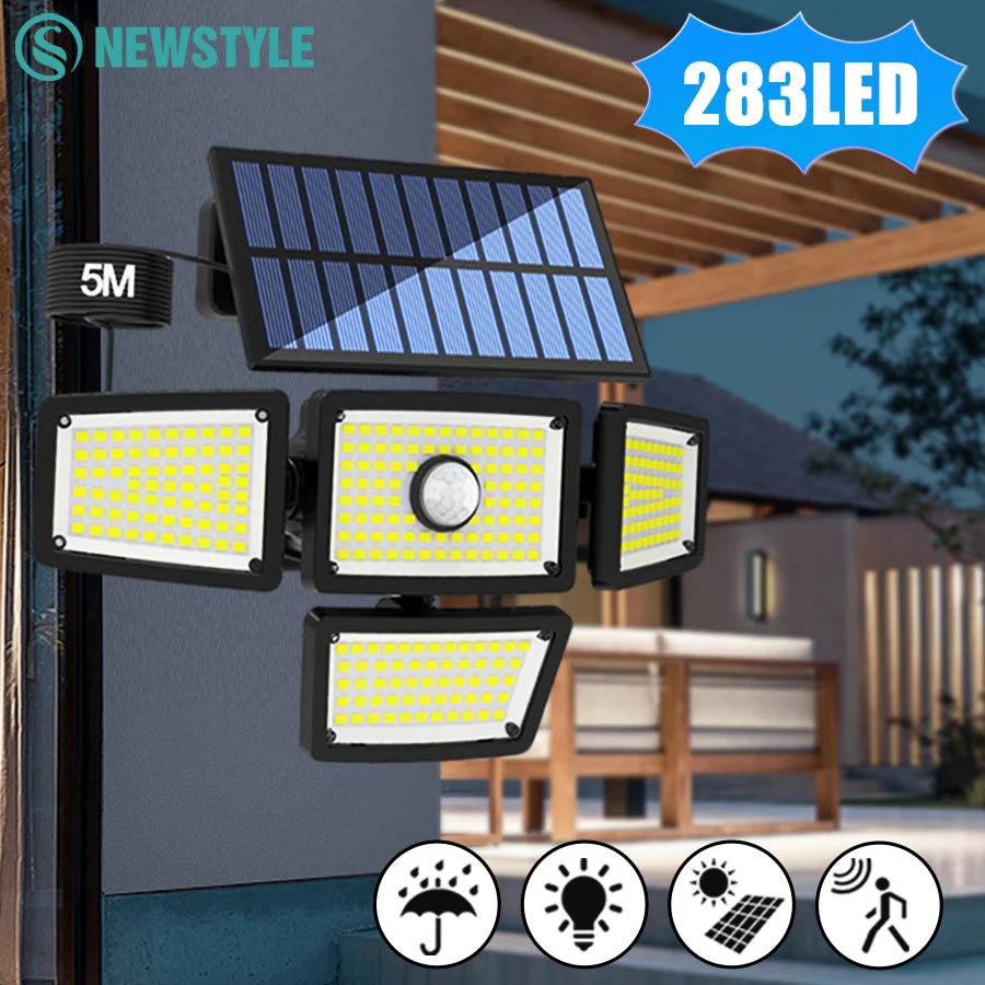 283LED Solar Lights Outdoor 4 Heads Motion Sensor Light Solar Security Lights Waterproof 3 Modes Flood Lights Garden Backyard Zpaxo