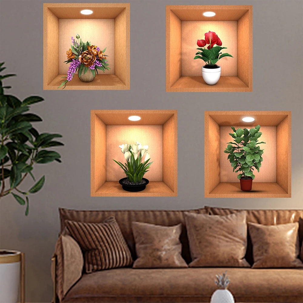 4Pcs 3D Plant Wall Stickers Floral Pattern Green Plants PVC Wall Sticker for Home Art Room Bedroom Background Decoration Zpaxo