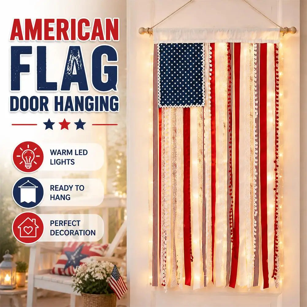 4th of July USA Flag Wall Hanging Banner with LED Lights Patriotic Wall Banner Zpaxo