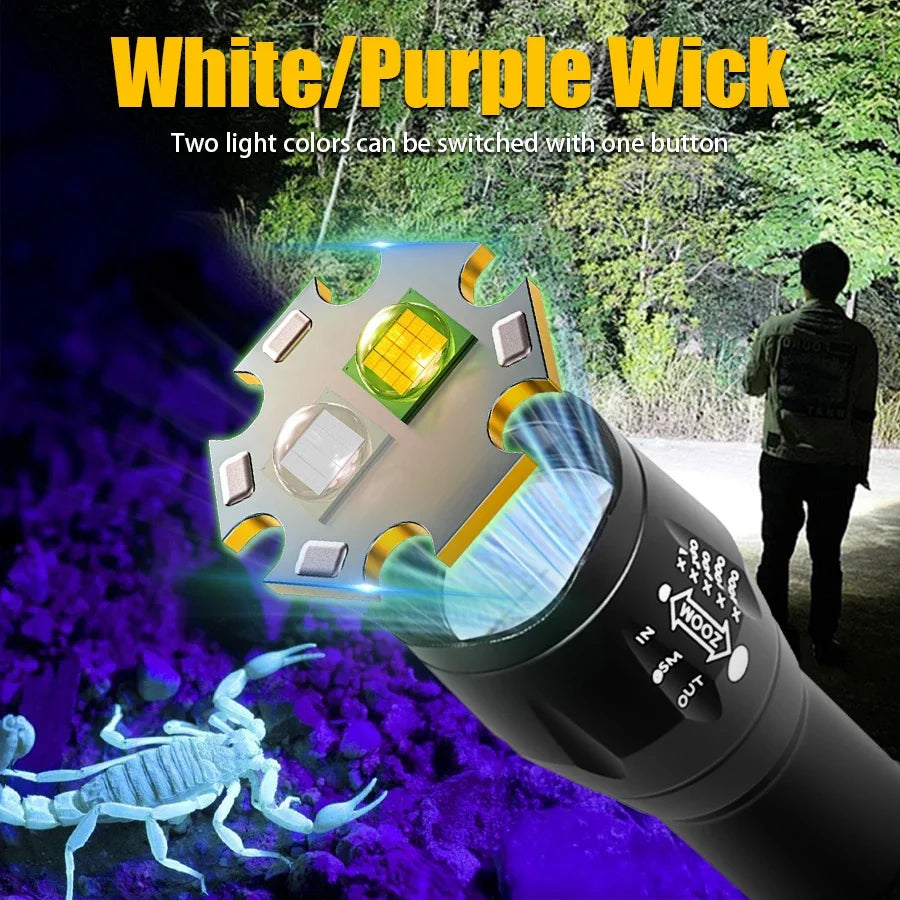 2-in-1 UV & White LED Flashlight – 395nm Zoomable Torch